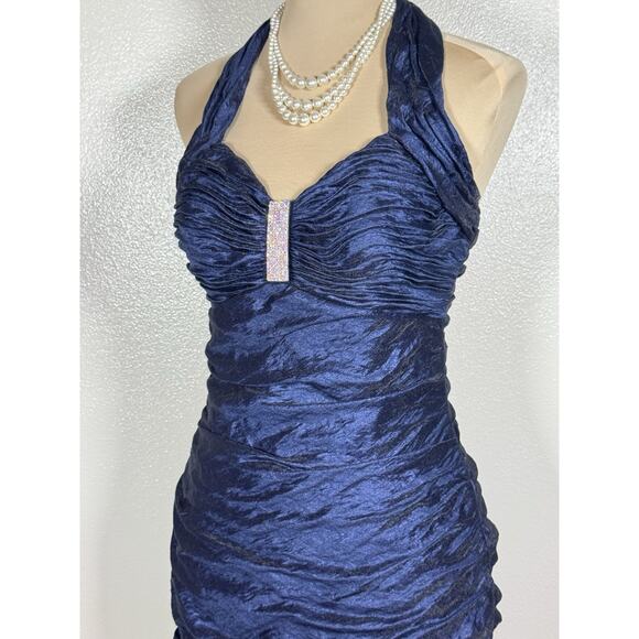 Vintage Cachet Navy Rhinestone Halter Ruched Cocktail Evening Dress Size 6 Glam - Picture 12 of 12